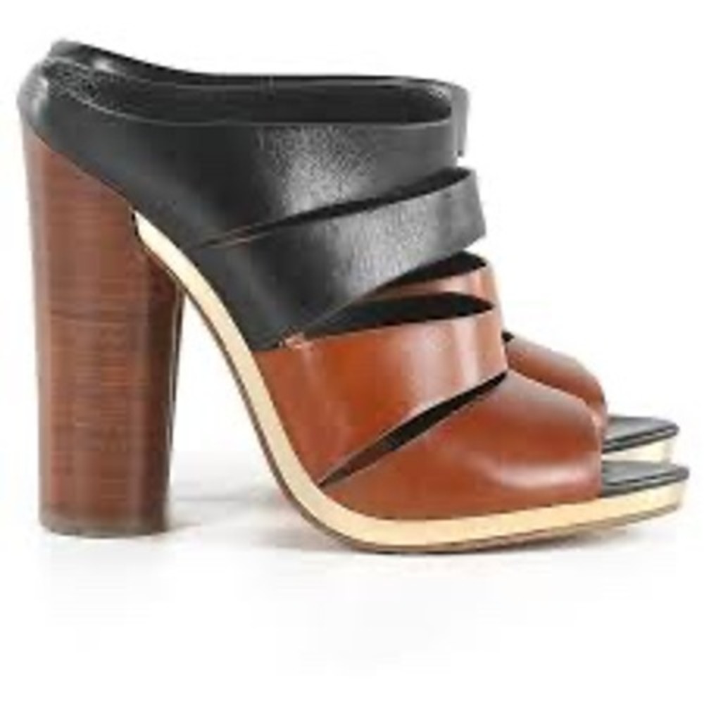 Rebecca Minkoff Leather Rae Platform Mule Heels Black Brown Strappy Size 7.5 EUC